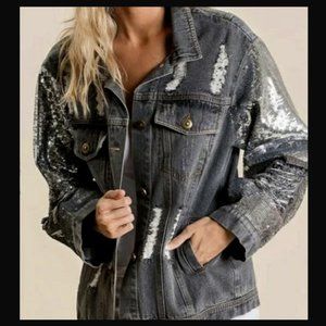 Macaron Distressed Denim Jacket With Sequin Sleeves (Size S)